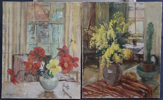 Alice Headley Neave (b.1903) Interiors with flowers in vases 22 x 18in., unframed